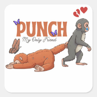 Punch‑kun & Plush Monkey – Kawaii voor Kinderen Vierkante Sticker