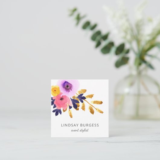 Punchy bloemblaadjes | Waterverf Bloemen | Zijontw Vierkante Visitekaartje (Staand voorkant)