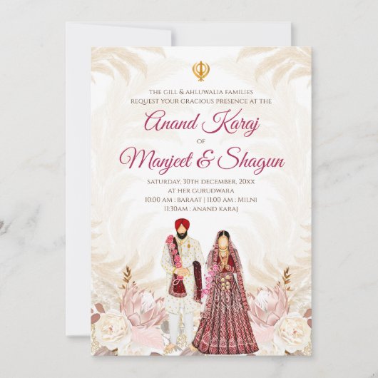 Punjabi huwelijksuitnodigingen & Anand Karaj kaart (Voorkant)