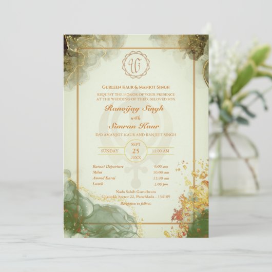Punjabi Sikh Bruiloft Anand Karaj Golden Kaart (Staand voorkant)