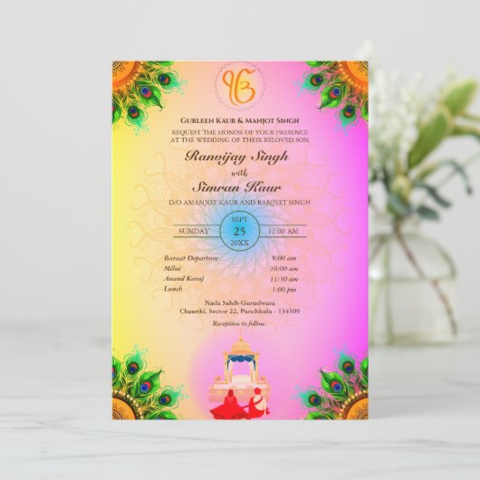 Punjabi Sikh Bruiloft Anand Karaj Peacock Feather Kaart (Staand voorkant)