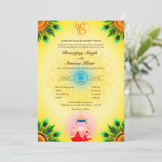 Punjabi Sikh Bruiloft Anand Karaj Peacock Feather Kaart (Staand voorkant)
