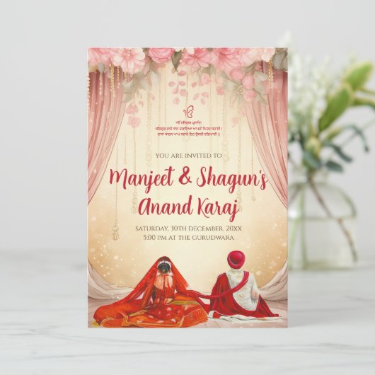 Punjabi Trouwkaarten Anand Karaj uitnodigingen (Staand voorkant)