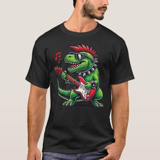 Punk Dinosaur Rock'n Roll Goth Dino Lover Guitar B T-shirt (Voorkant)