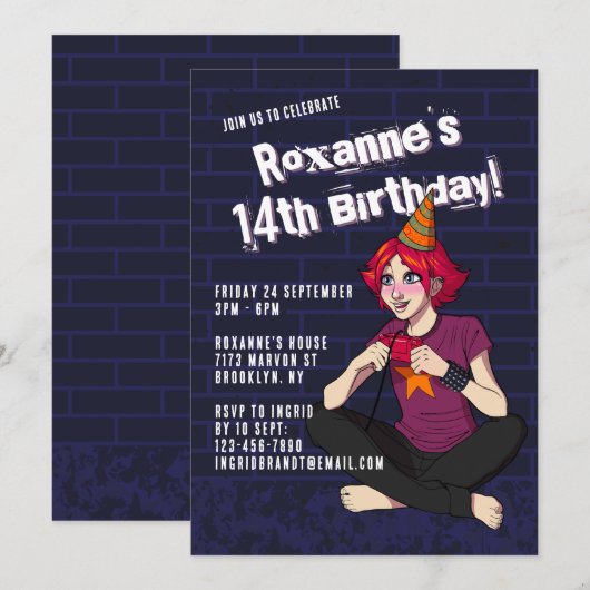 Punk Gamer Cartoon Teen Girl 14e Verjaardag Kaart (Voorkant / Achterkant)