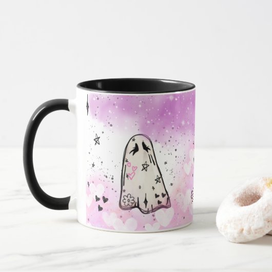Punk Ghost Doodle Mok (zijdelings ontwerp) (Met donut)