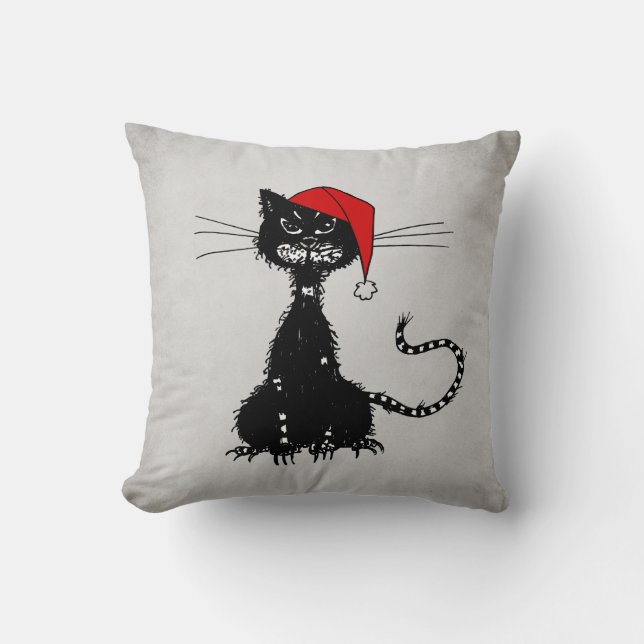 Punk Kerst: Ragged Cat met Santa Hat Gothic Kussen (Voorkant)