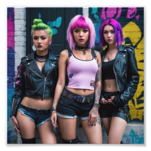 Punk meisjes in korte broek Graffiti Alley Foto Afdruk