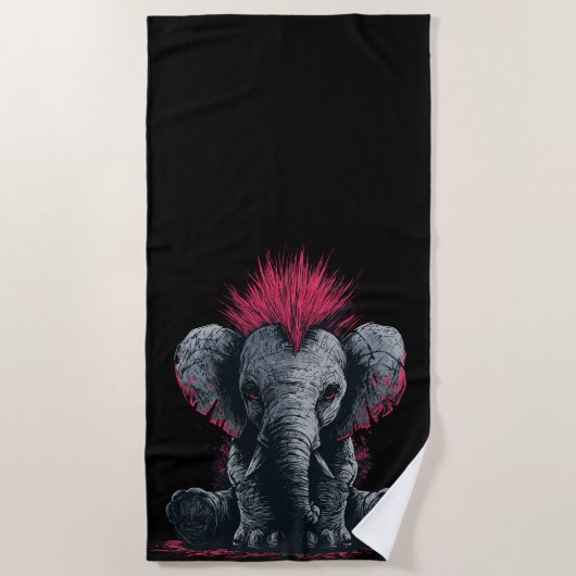 Punk Olifant Kunst – Mohawk Dier Ontwerp Strandlaken (Voorkant)