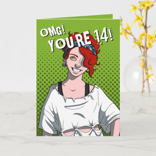 Punk Redhead Teen Girl Green 14e Verjaardag Kaart (Gele Bloem)