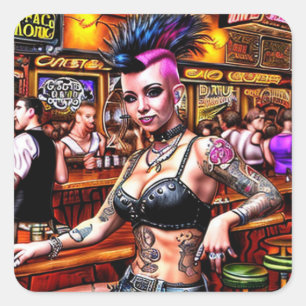 Punk Rock Bar Meisje met Mohawk en Tattoos Vierkante Sticker