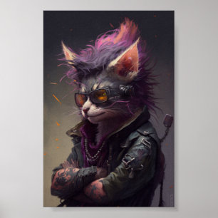 Punk Rock Cat Portrait, Cat Ilustration, Funny Cat Poster