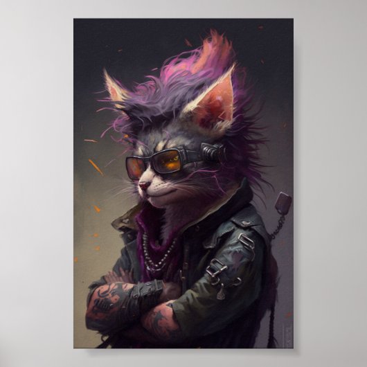 Punk Rock Cat Portrait, Cat Ilustration, Funny Cat Poster (Voorkant)