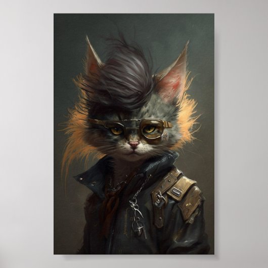 Punk Rock Cat Portrait, Funny Cat, Pet Portrait Poster (Voorkant)