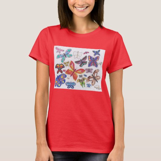 Punk Rock Doodle #28 Vlinders Kleur Rood Vrouwen T-shirt (Voorkant)