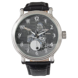 Punk Rock Drummer Bear Playing Drums Rocker Horloge