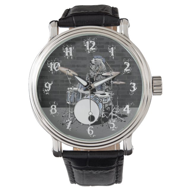 Punk Rock Drummer Bear Playing Drums Rocker Horloge (Voorkant)