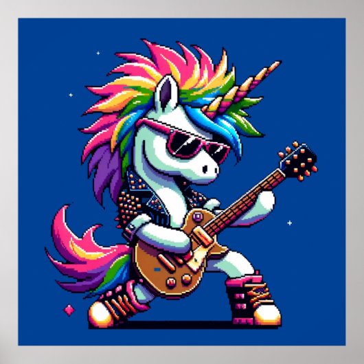 Punk Rock Eenhoorn Kleurrijke Pixel Art Guitar Des Poster (Voorkant)