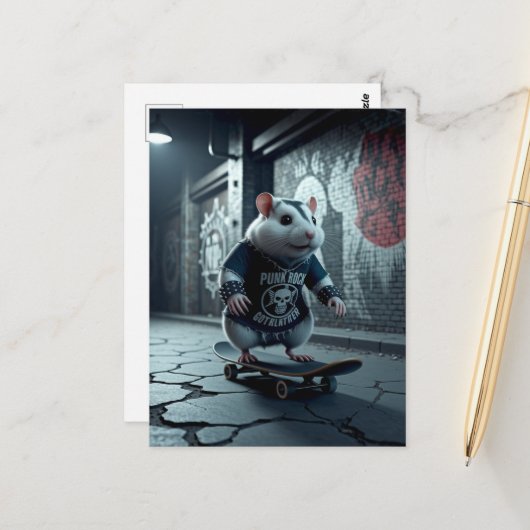 Punk Rock Gothic Skateboarding Hamster Briefkaart (Voorkant / Achterkant in situ)