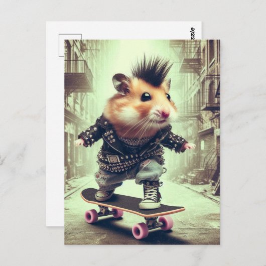 Punk Rock Skateboarden Hamster in Leather Jacket Briefkaart (Voorkant / Achterkant)
