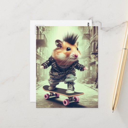 Punk Rock Skateboarden Hamster in Leather Jacket Briefkaart (Voorkant / Achterkant in situ)