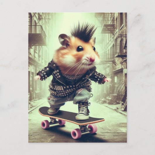 Punk Rock Skateboarden Hamster in Leather Jacket Briefkaart (Voorkant)