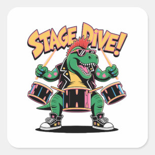 Punk Rock T-Rex Dinosaur Drummer - Grappige Muziek Vierkante Sticker