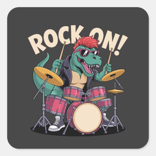 Punk Rock T-Rex Dinosaur Drummer - Percussie Vierkante Sticker (Voorkant)