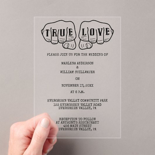 Punk Rock Tattoo Hands Minimalist Weddenschap Acryl Uitnodigingen (Insitu (Draagbaar))