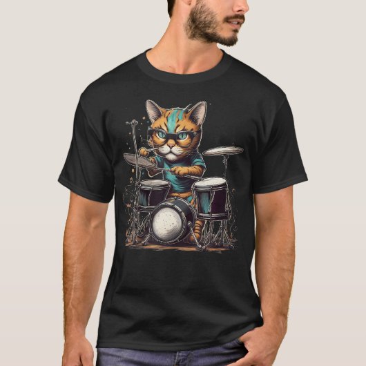 Punk Rockster Kitten Kitty Kat Drummer Drumend T-shirt (Voorkant)