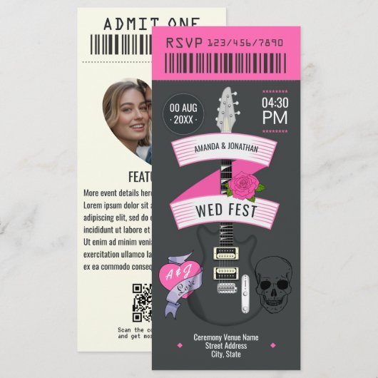 Punk Romance Rock ’n’ Roll Trouwkaart Ticket Kaart (Voorkant / Achterkant)