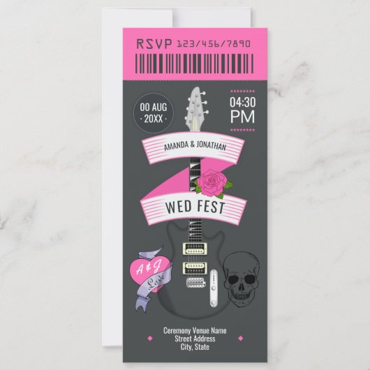 Punk Romance Rock ’n’ Roll Wedding Ticket Kaart (Voorkant)