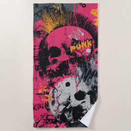 Punk Schedel Graffiti Collage in Roze en Geel Strandlaken