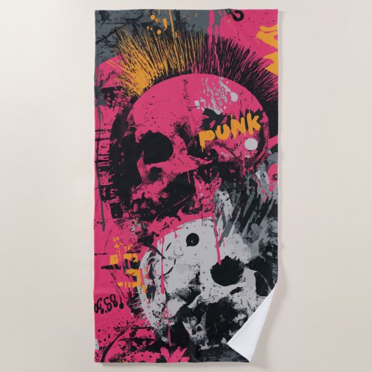 Punk Schedel Graffiti Collage in Roze en Geel Strandlaken (Voorkant)