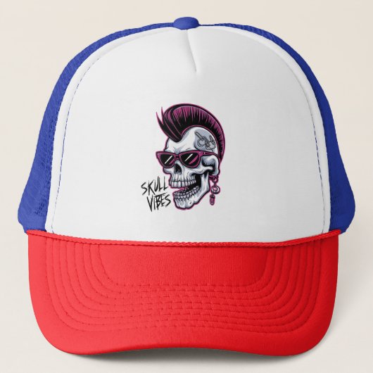 Punk Skull Vibes. Cool Skull met zonnebril Desi Trucker Pet (Voorkant)