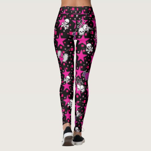 Punk Skulls en Snoep Patroon op roze sterren Leggings (Achterkant)