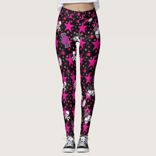Punk Skulls en Snoep Patroon op roze sterren Leggings (Voorkant)