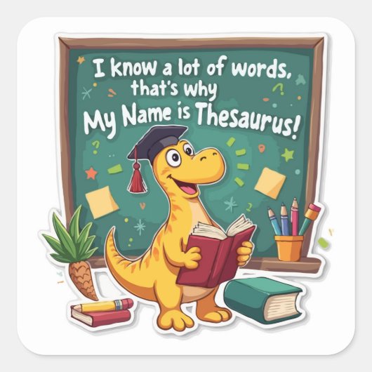 Punny Dinosaur Thesaurus 'Word Wizard' Vierkante Sticker (Voorkant)