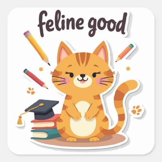 Punny 'Feline Good' Terug naar School Cat Vierkante Sticker (Voorkant)