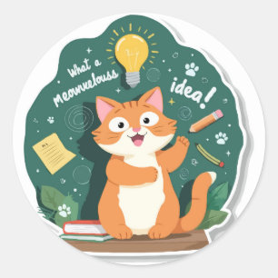 Punny 'Meowvelous Idea' kat terug naar school Ronde Sticker