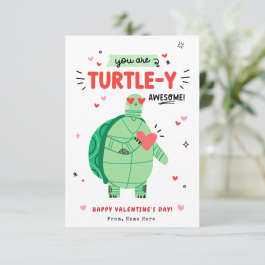 Punny Turtle Valentijnsdag Kinder Klaslokaal Kaart (Staand voorkant)