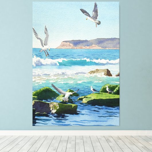 Punt Loma Rocks Golven en Zeemeeuwen Canvas Afdruk (Insitu (Houten vloer))