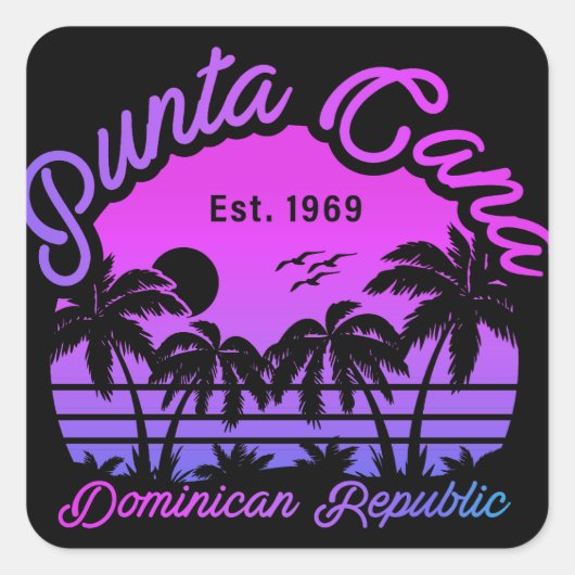 Punta Cana Dominicaanse Palmboom Retro Zonsonderga Vierkante Sticker (Voorkant)