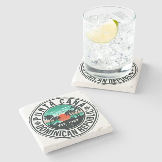 Punta Cana Dominican Palm Tree Retro Sunset 60 s Stenen Onderzetter (Zijkant)