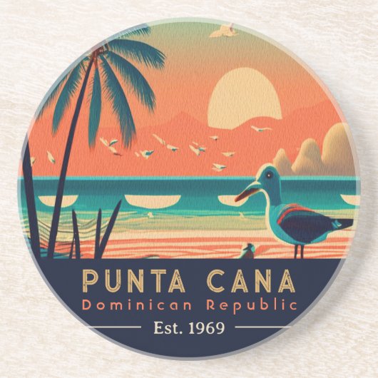 Punta Cana DR Retro Sunset Souvenirs jaren 60 Zandsteen Onderzetter (Voorkant)