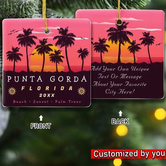 Punta Gorda Florida Retro Zonsondergang Palmboom j Keramisch Ornament