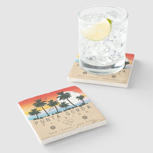 Punta Gorda Florida Retro Zonsondergang Palmboom j Stenen Onderzetter (Zijkant)