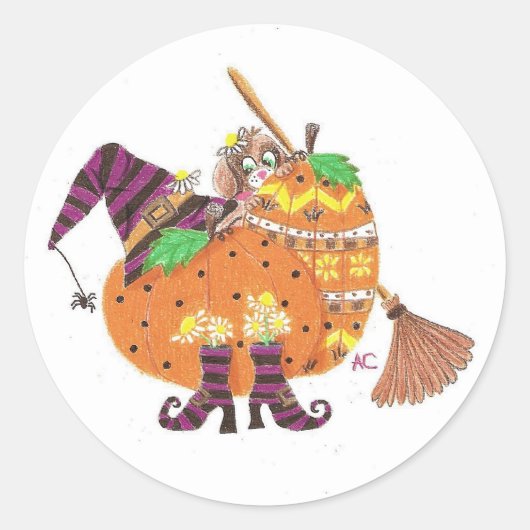 Pup achter pompoenen Halloween witte stickers (Voorkant)