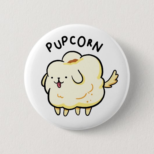 Pup-corn Popcorn Puppy Dog Pun Button Pin (Voorkant)