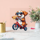 Pup op de fiets eet pizza acryl bord (Huwelijk)